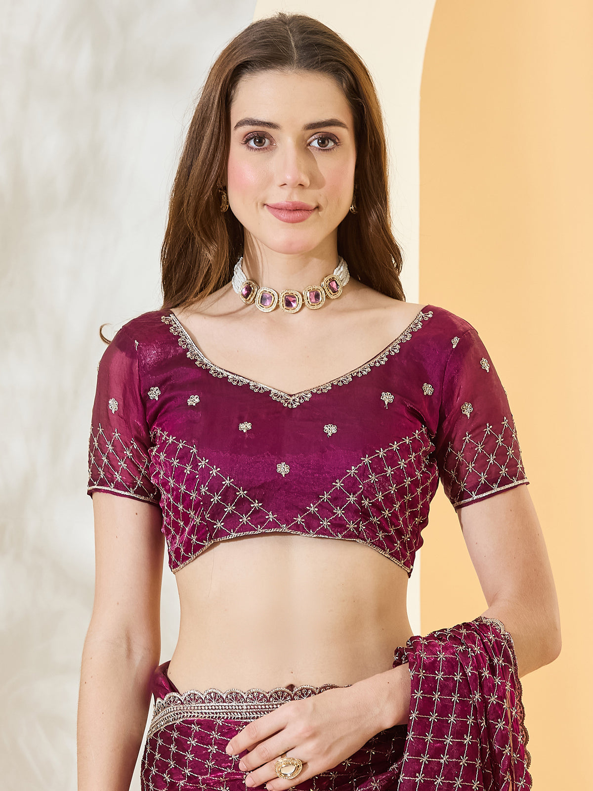 Unstitched wine satin blouse piece with embroidered design