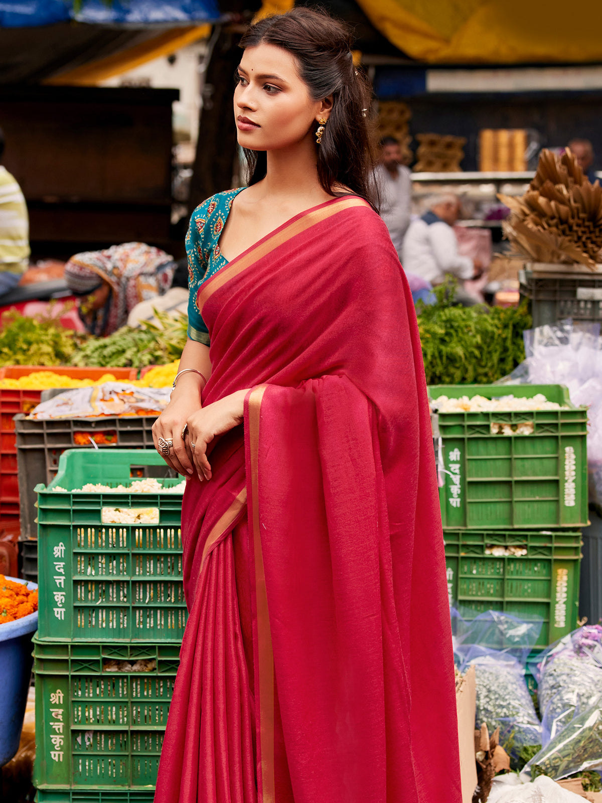 Red Cotton Blend saree – detail view 4
