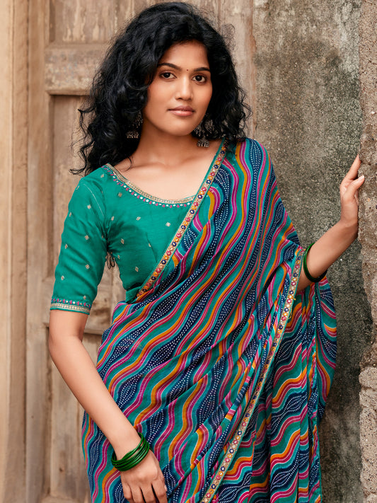 Teal Blue georgette saree view 1