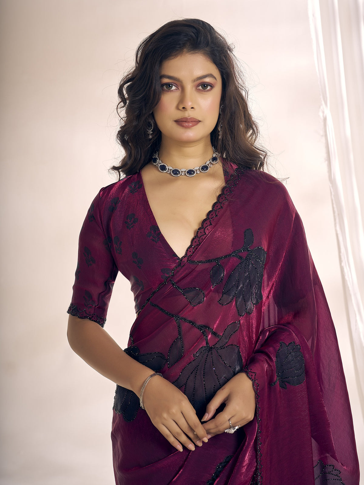 Magenta satin silk saree view 4