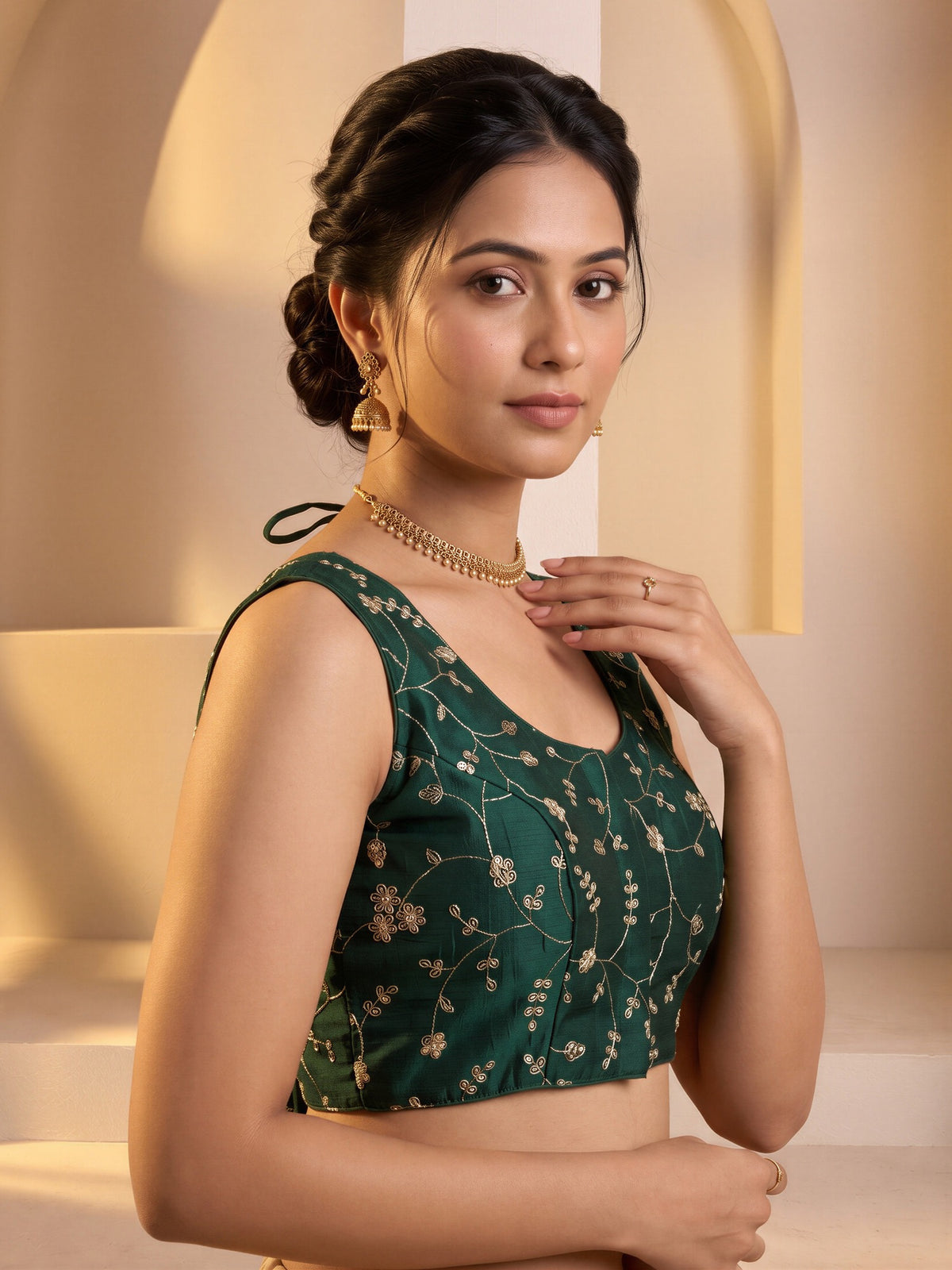 Green sequin embroidered vichitra silk sleeveless readymade saree blouse with round neck