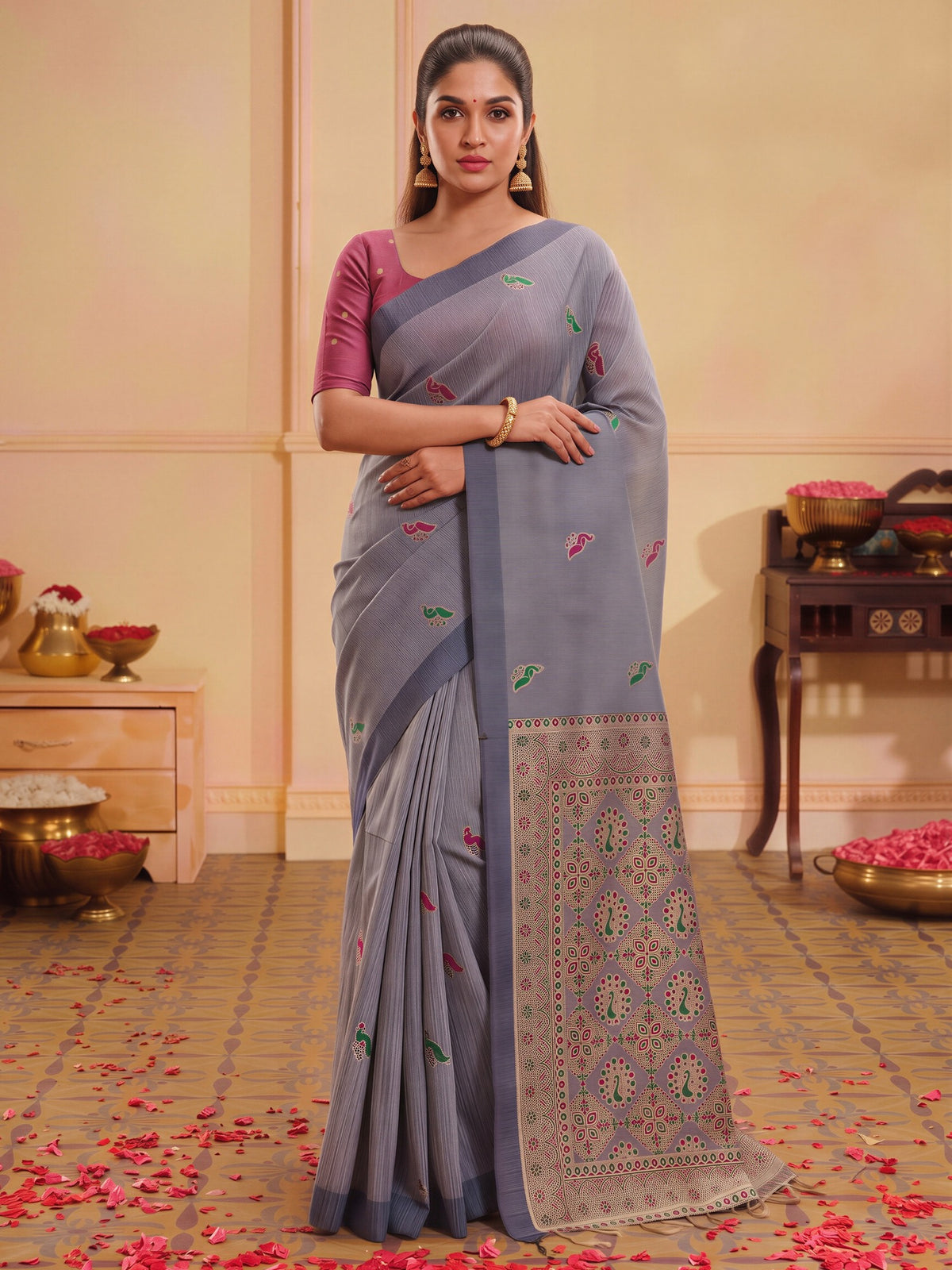 Grey Melange silk blend saree view 3