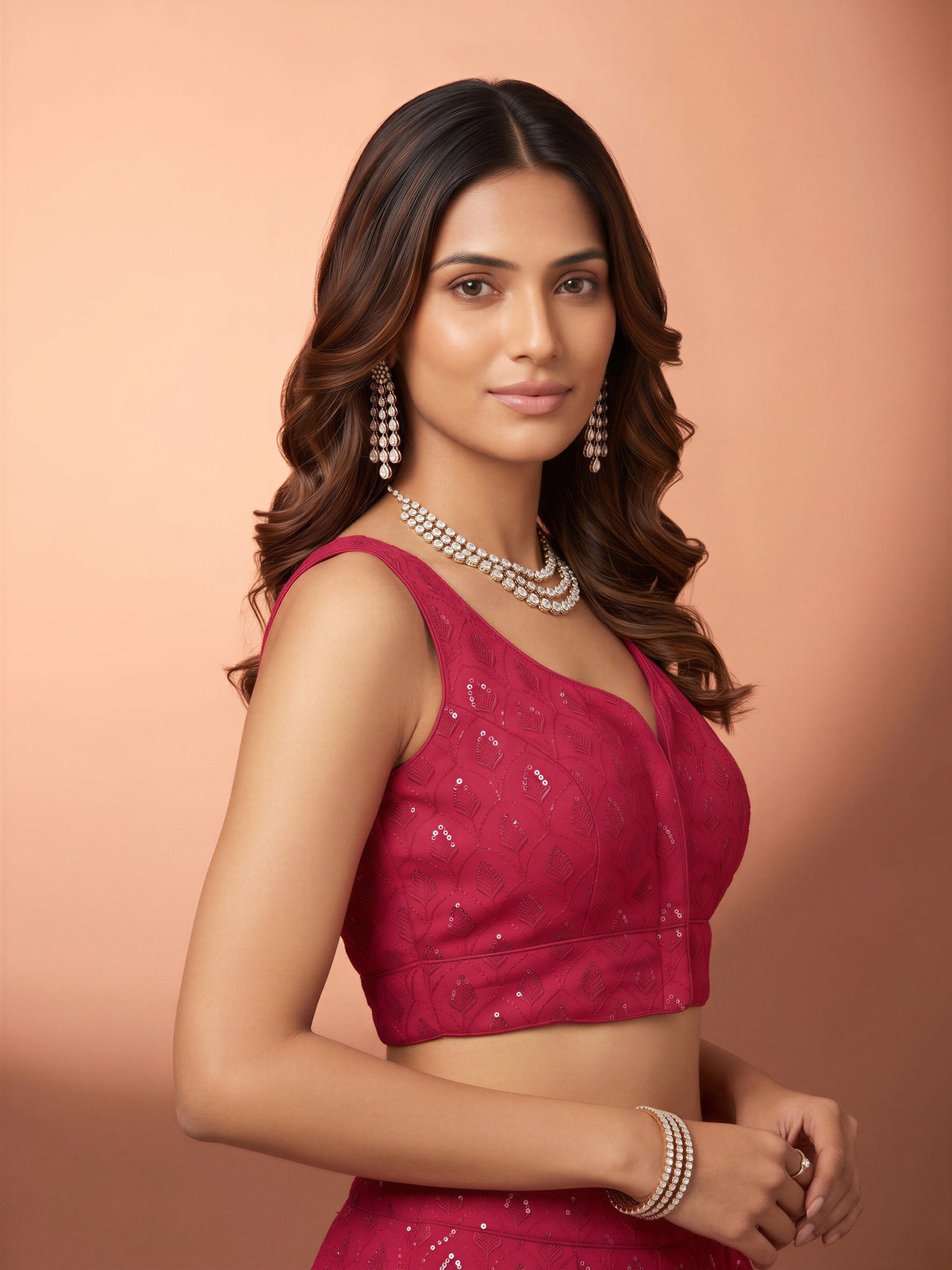 Magenta sequin embroidered georgette sleeveless readymade saree blouse with sweetheart neck view 2