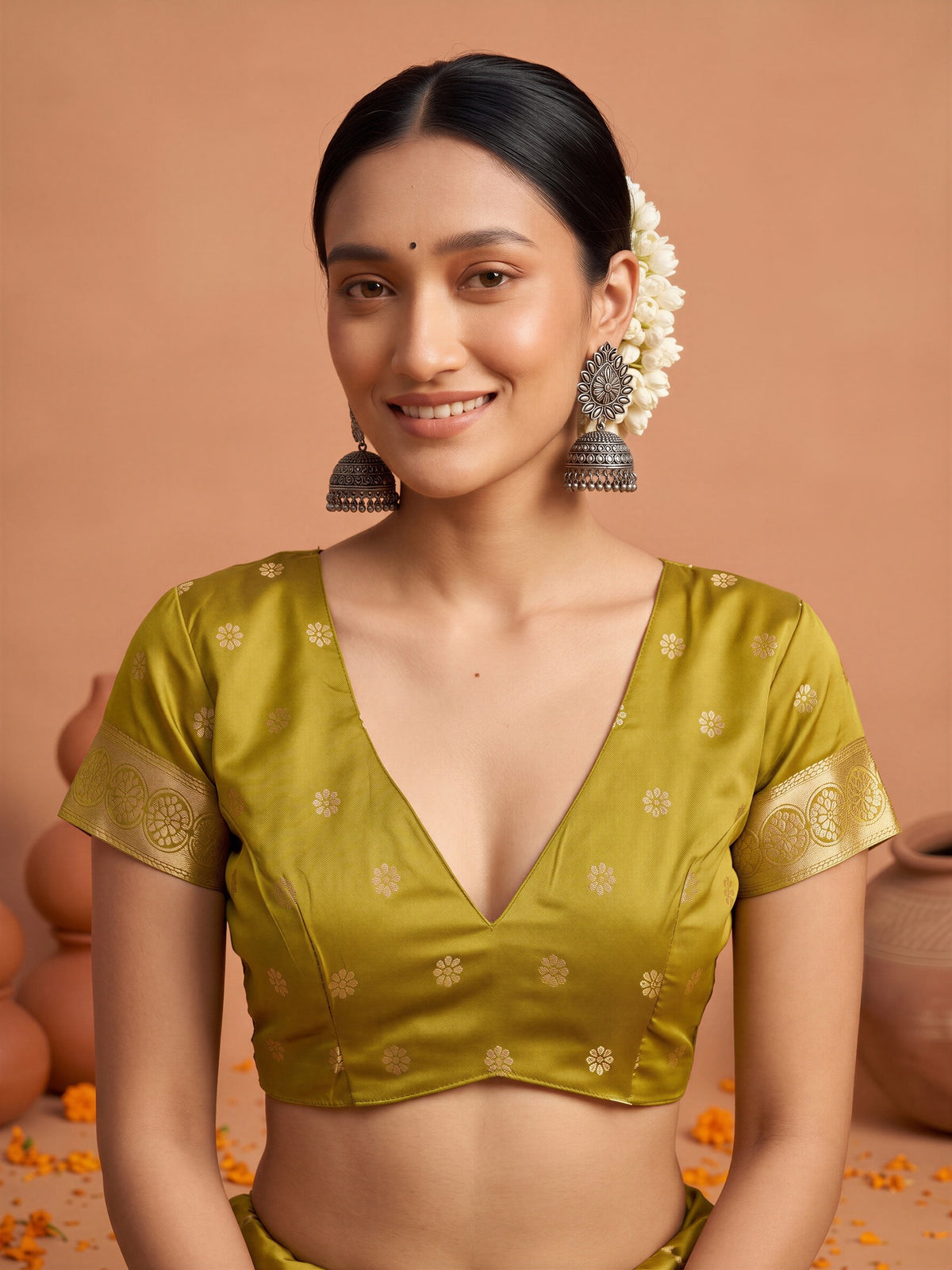 Unstitched mustard satin silk blouse piece with paisley design