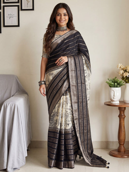 Woman wearing black viscose silk saree with botanical floral and leaf design and off white blouse