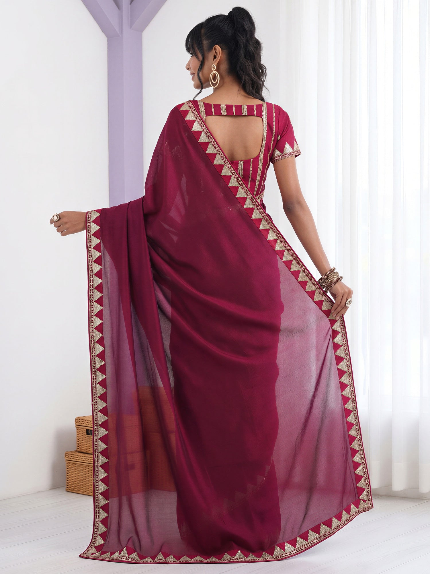 Purple Vichitra Silk saree – detail view 1