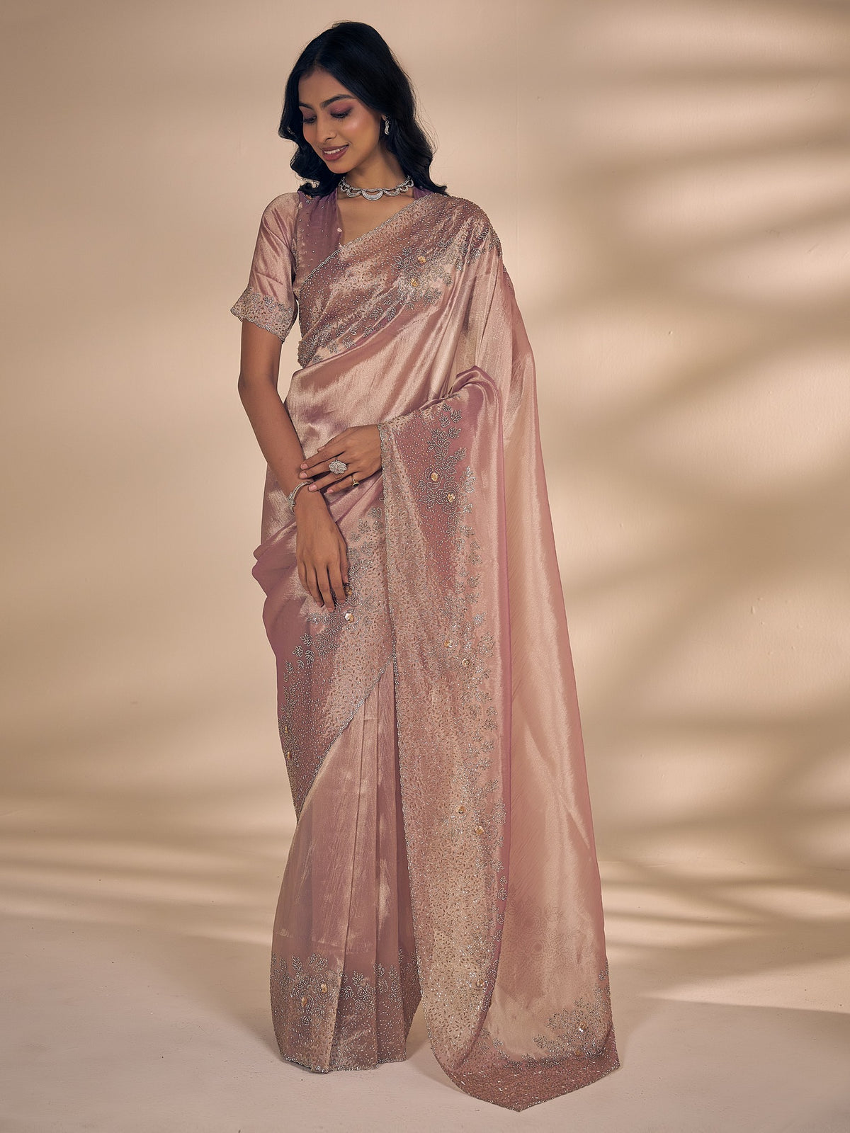 Pink applique organza saree with pink blouse piece