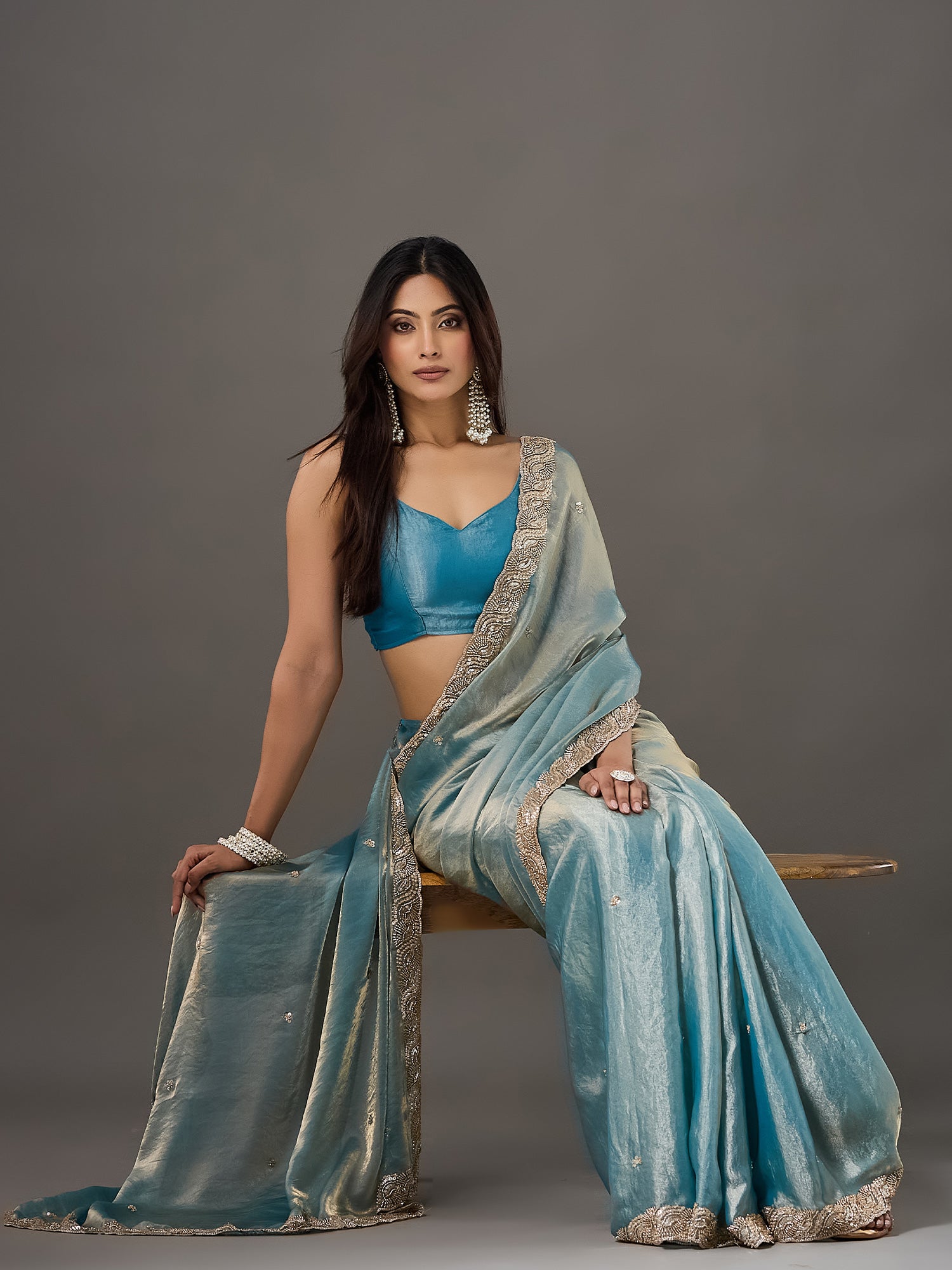 Light Blue Satin saree – detail view 2