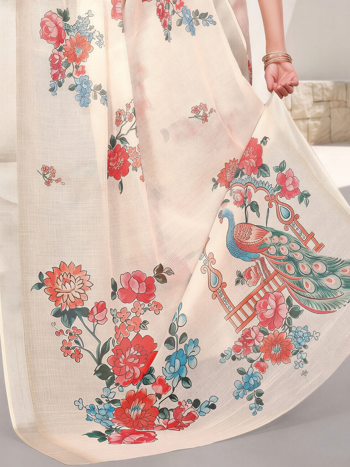 Cream Cotton Linen saree – detail view 5