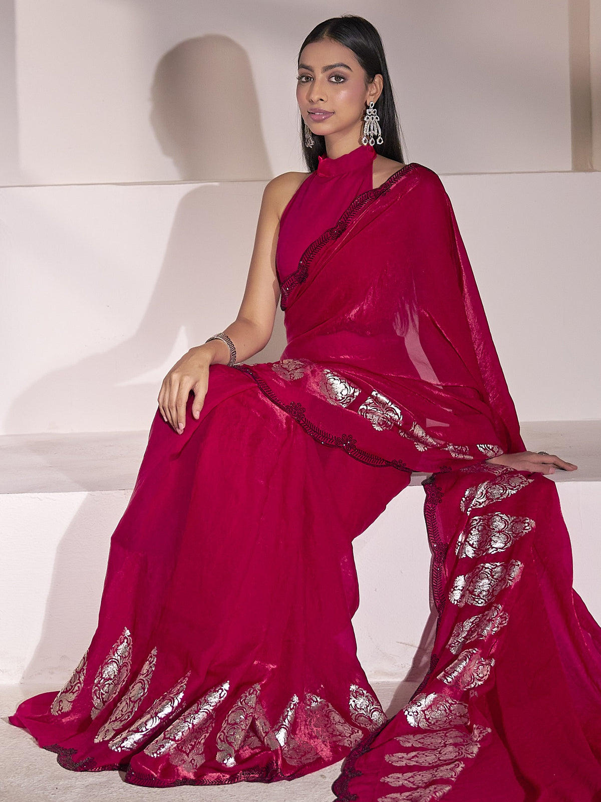 Pink satin silk saree view 4