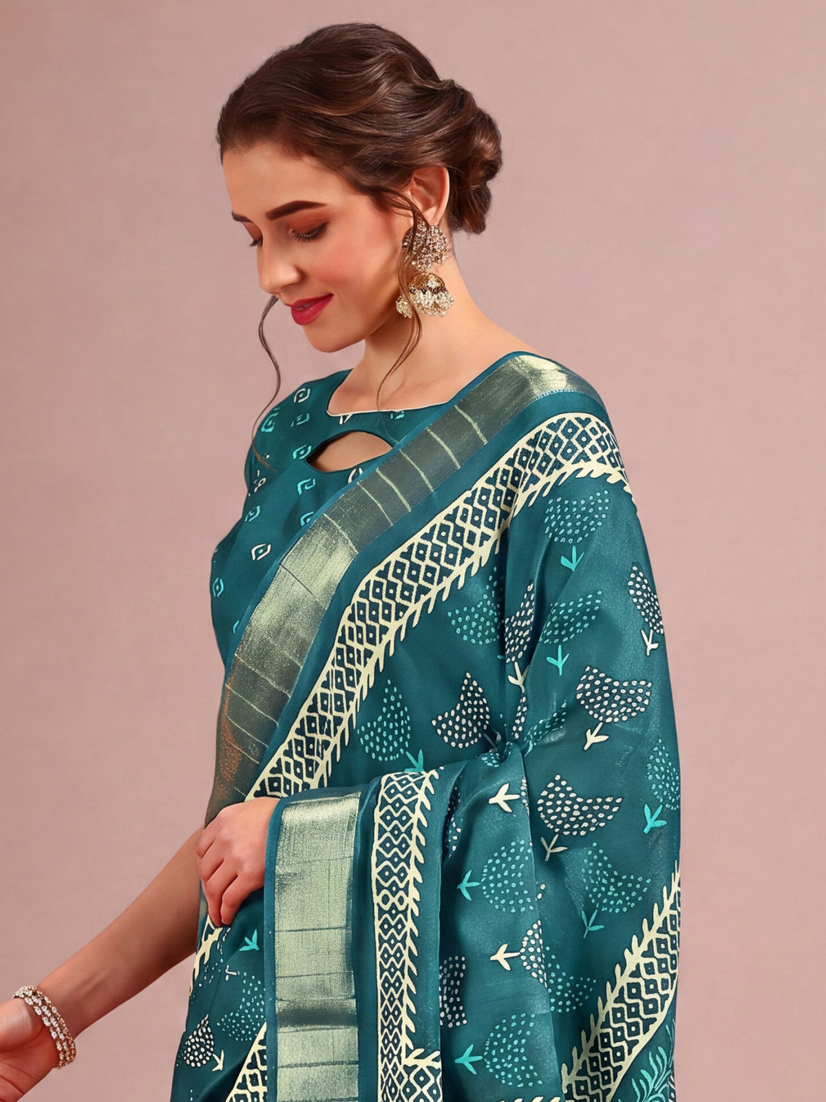 Teal Blue Cotton Silk saree – detail view 4