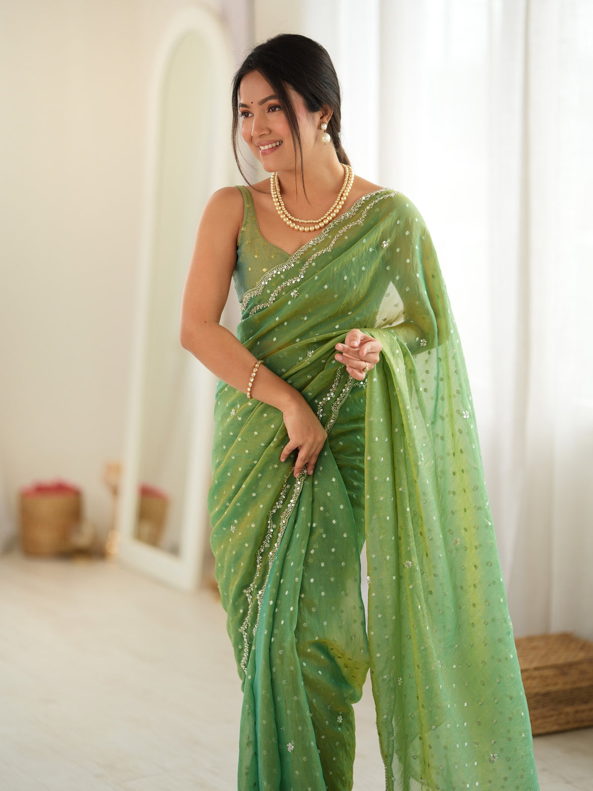 Lime Green Georgette saree – detail view 1