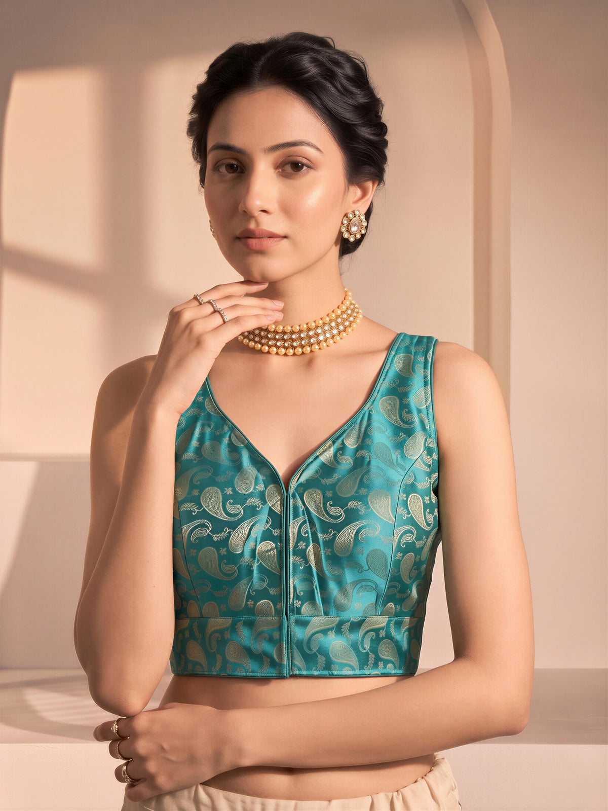 Turquoise Blue woven brocade silk blend sleeveless readymade saree blouse with v neck