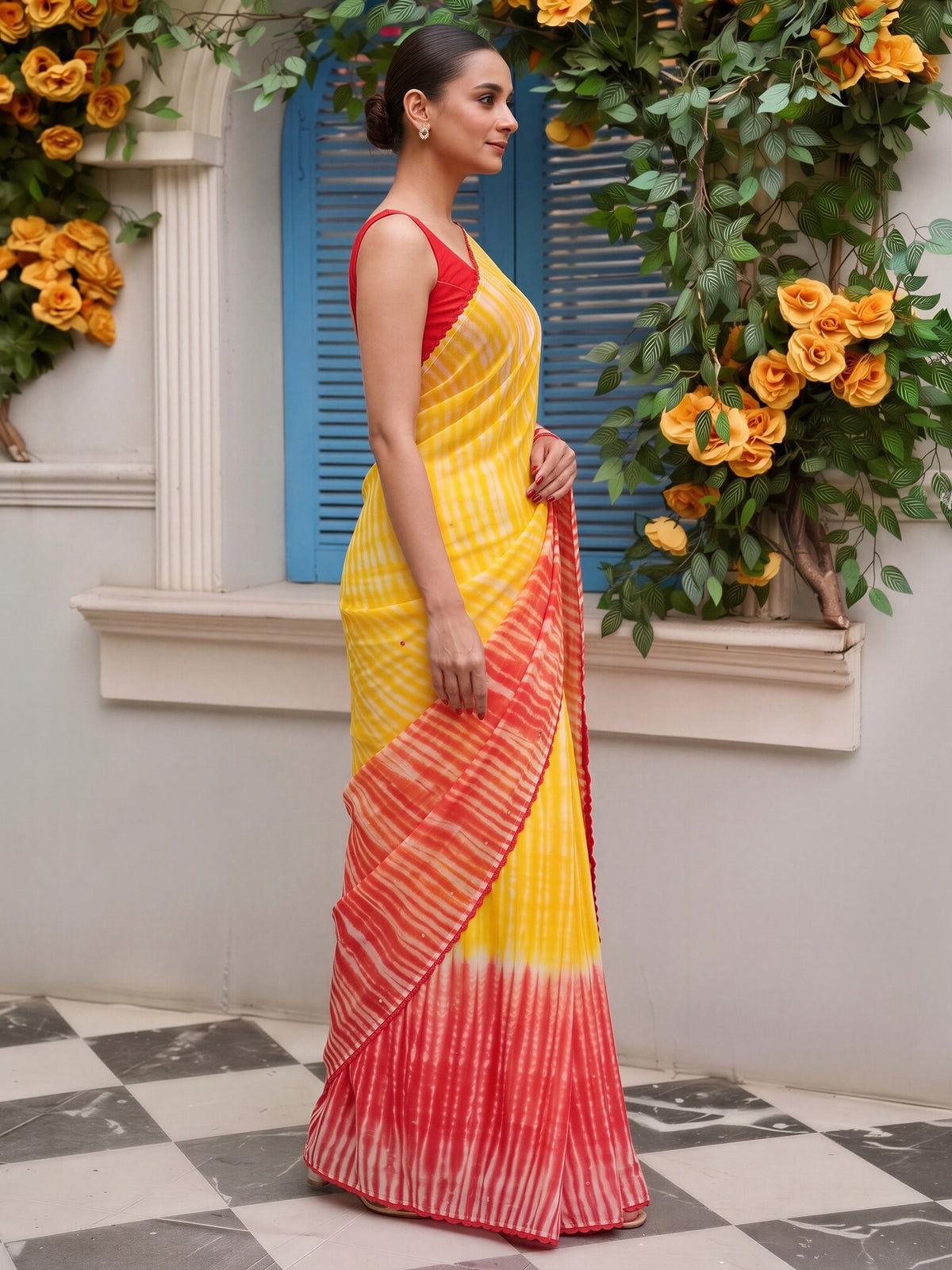 Yellow georgette saree view 2