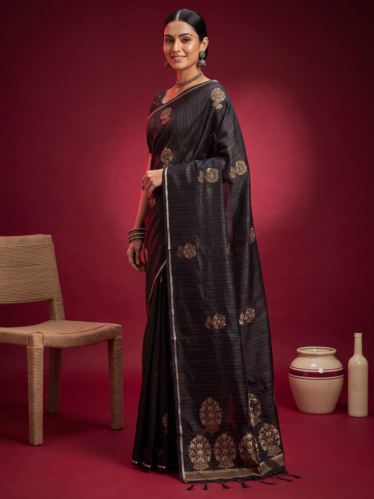 Black Satin Silk saree – detail view 2