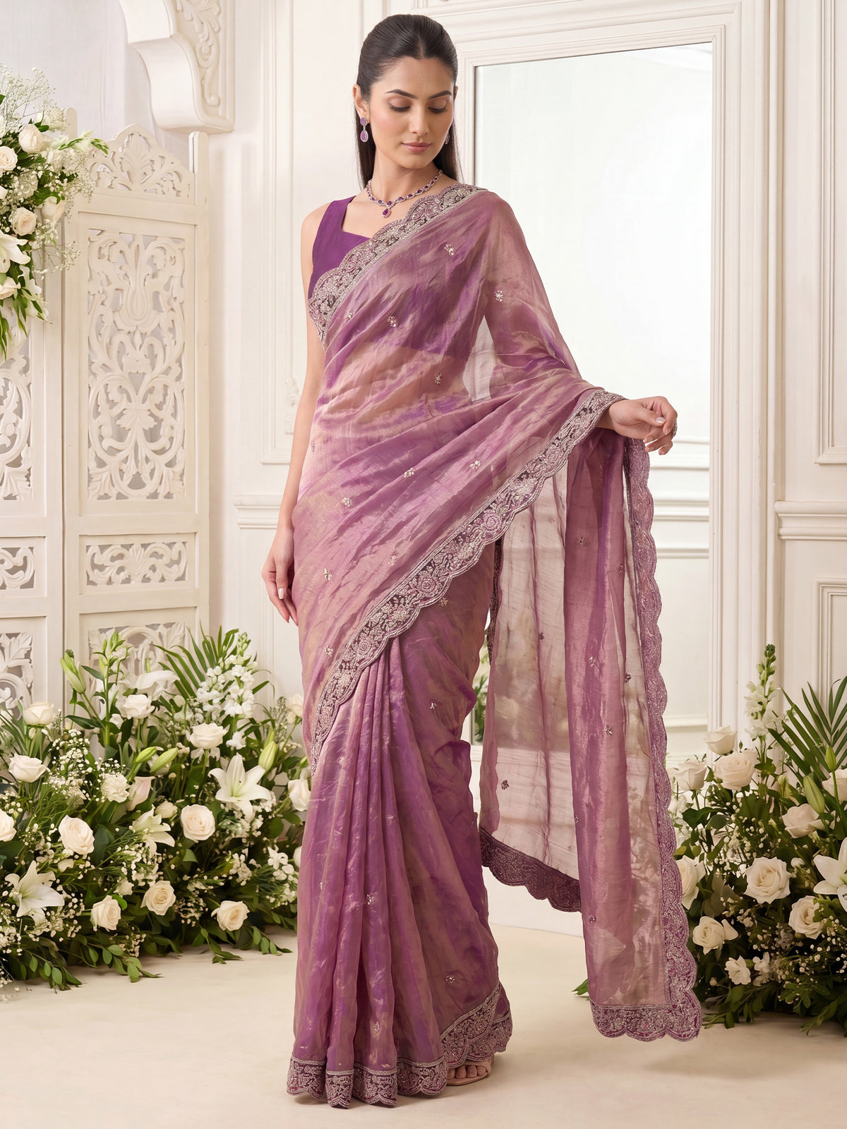 Purple Satin saree – detail view 3
