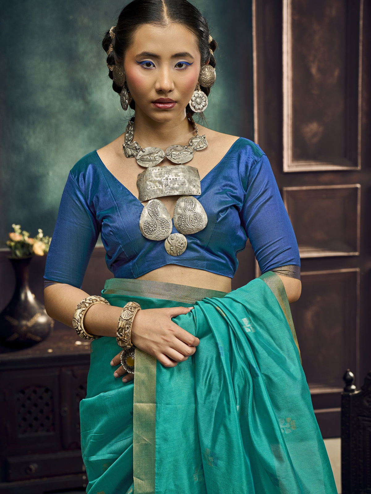 Teal Blue silk blend saree view 1
