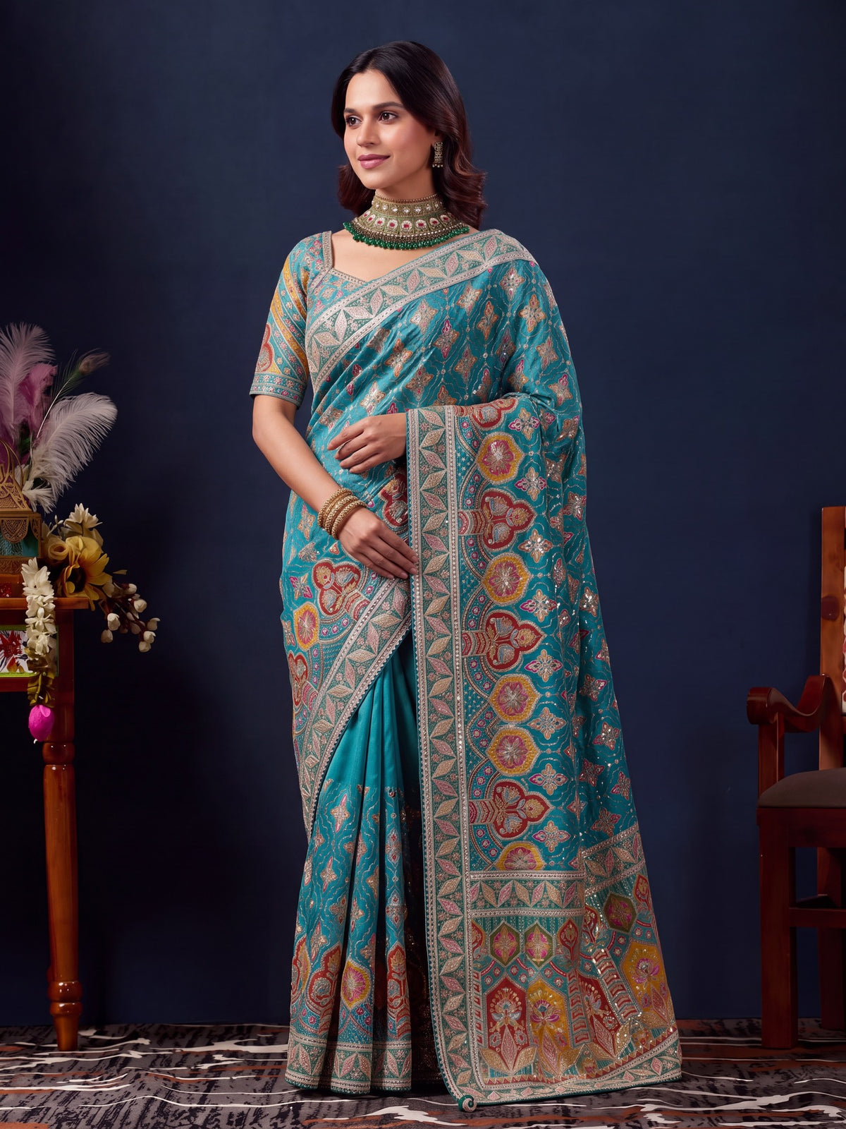 Teal Blue Silk Blend saree – detail view 2