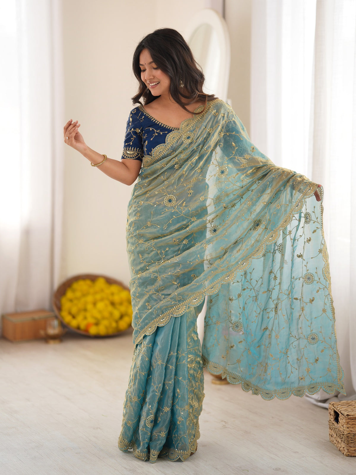 Light Blue organza saree view 2