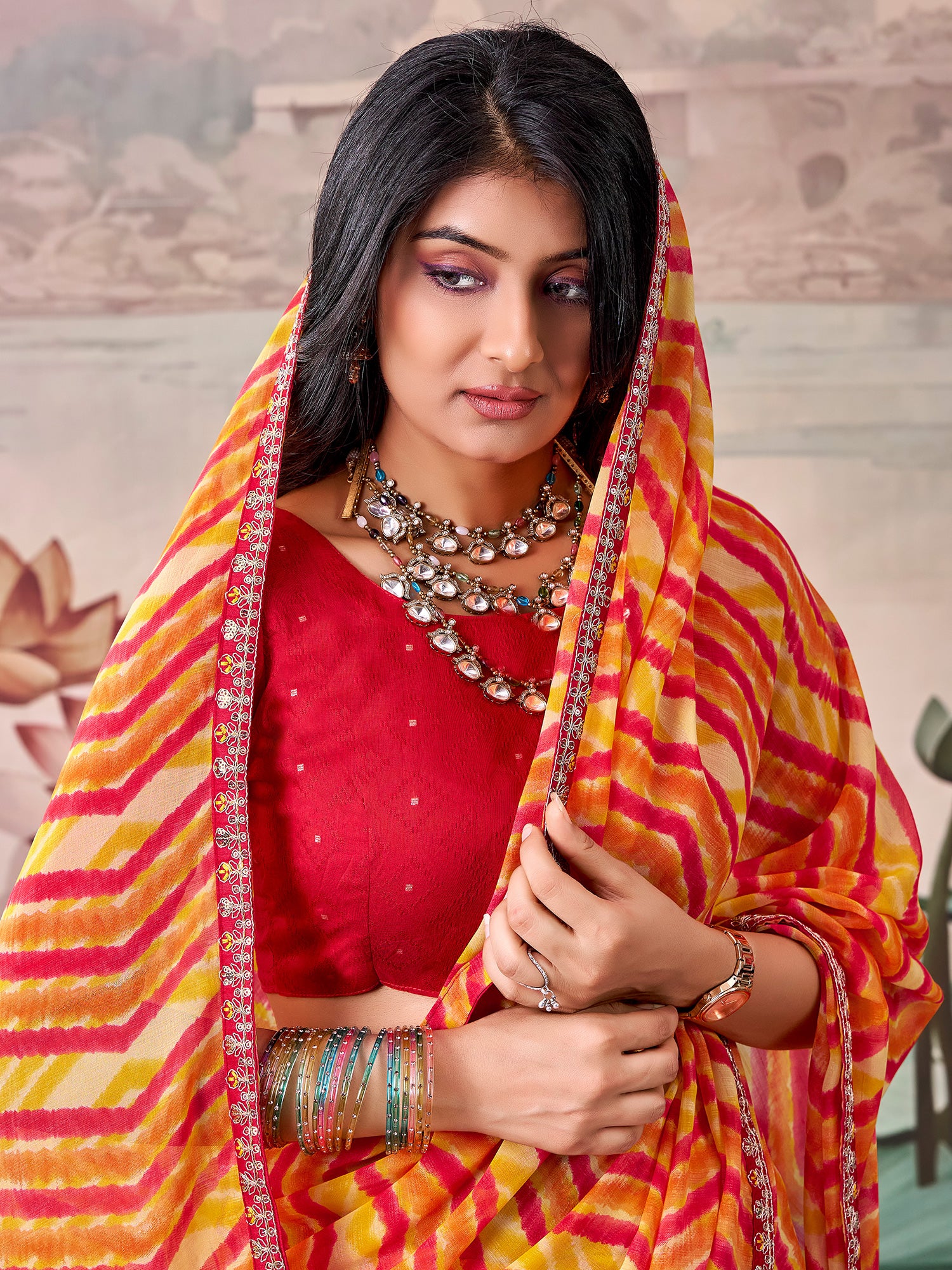 Orange Georgette saree – detail view 2