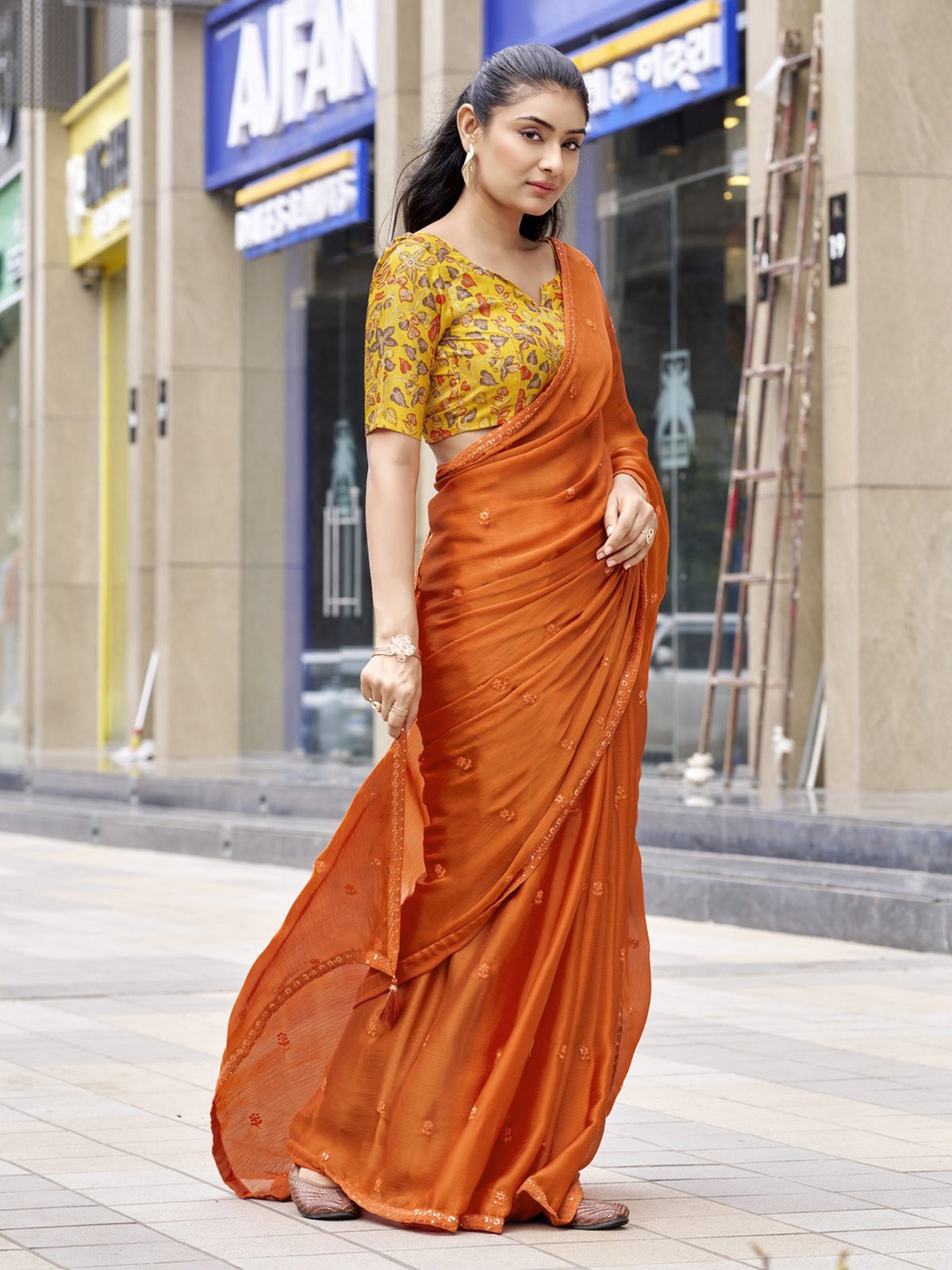 Rust Satin Silk saree – detail view 1