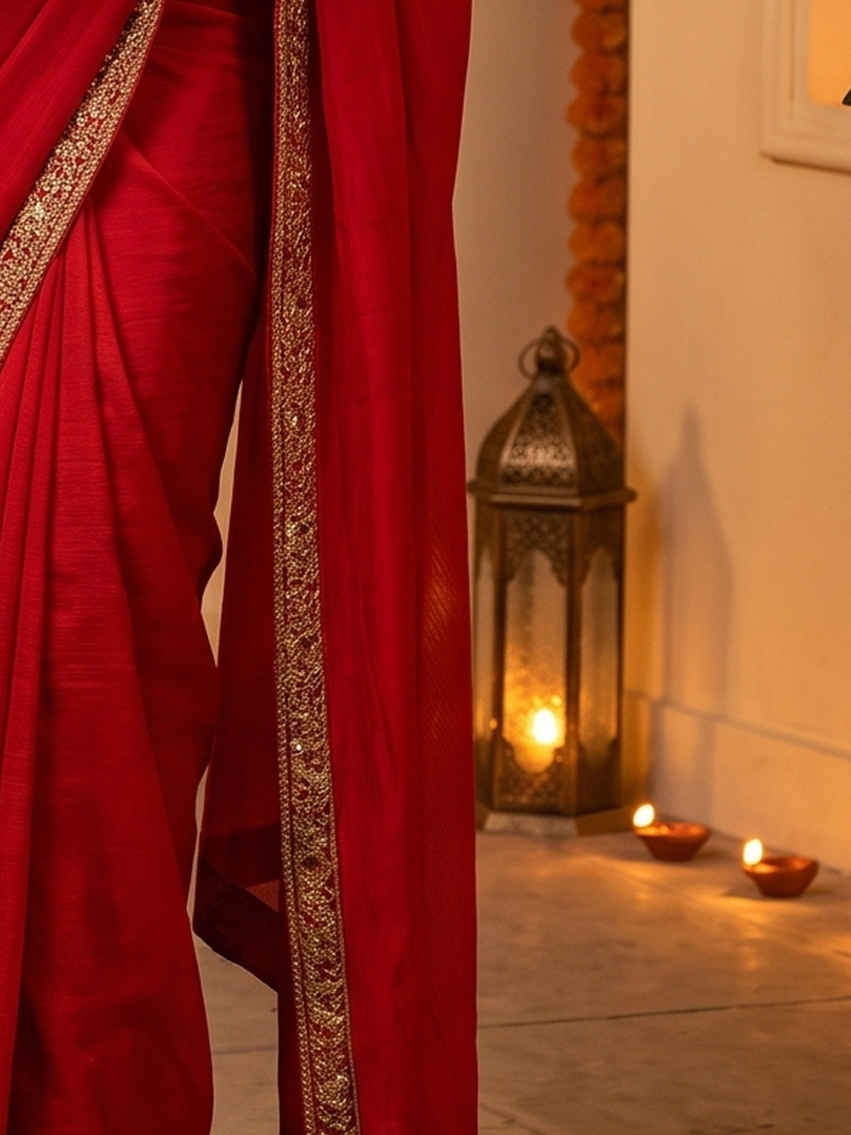 Pallu detail of red satin saree showing embroidered motif work and zari border