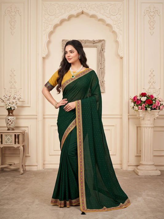 Woman wearing green vichitra silk saree with ornamented surface design and mustard blouse