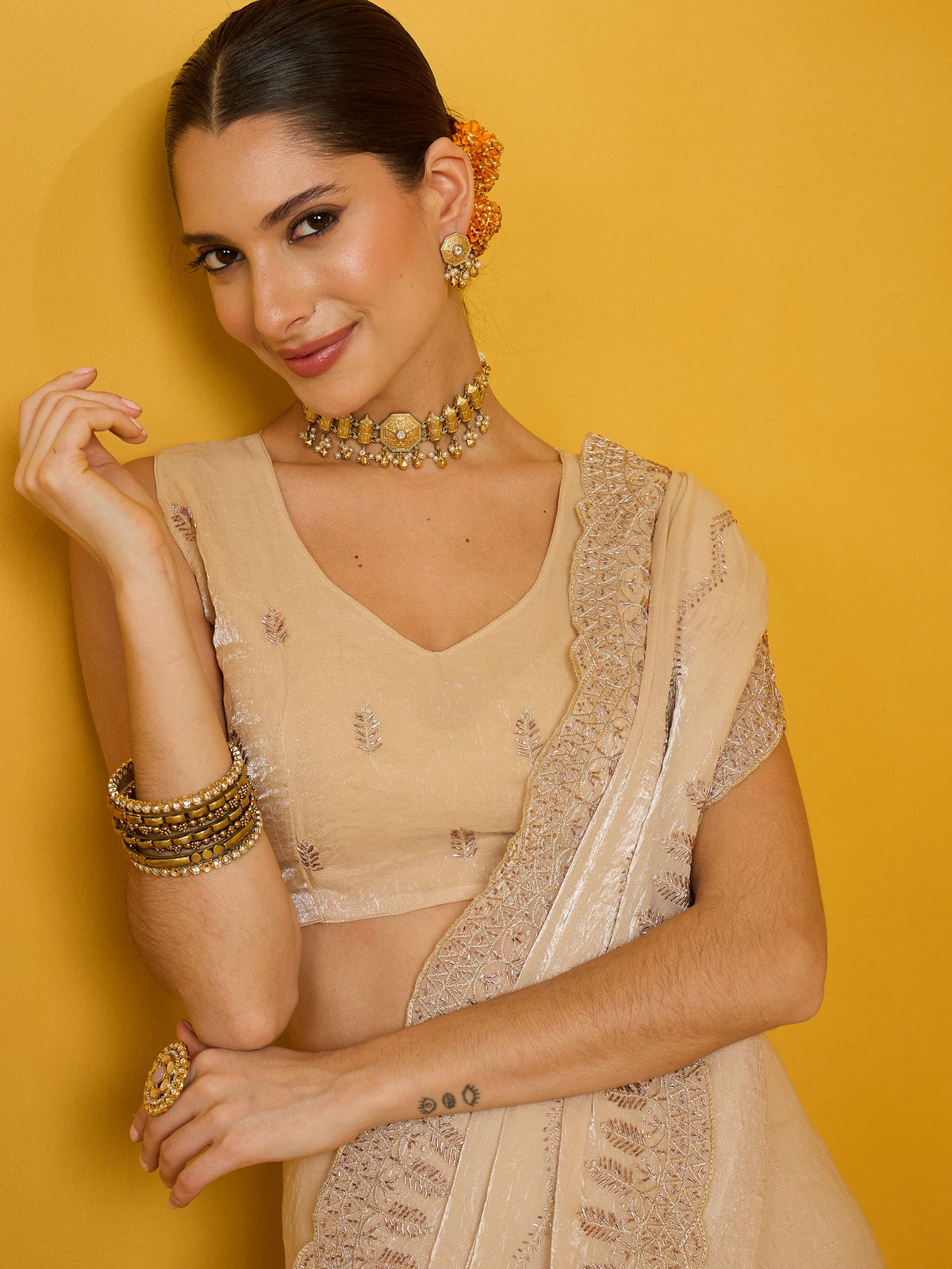 Cream Satin Silk saree – detail view 5