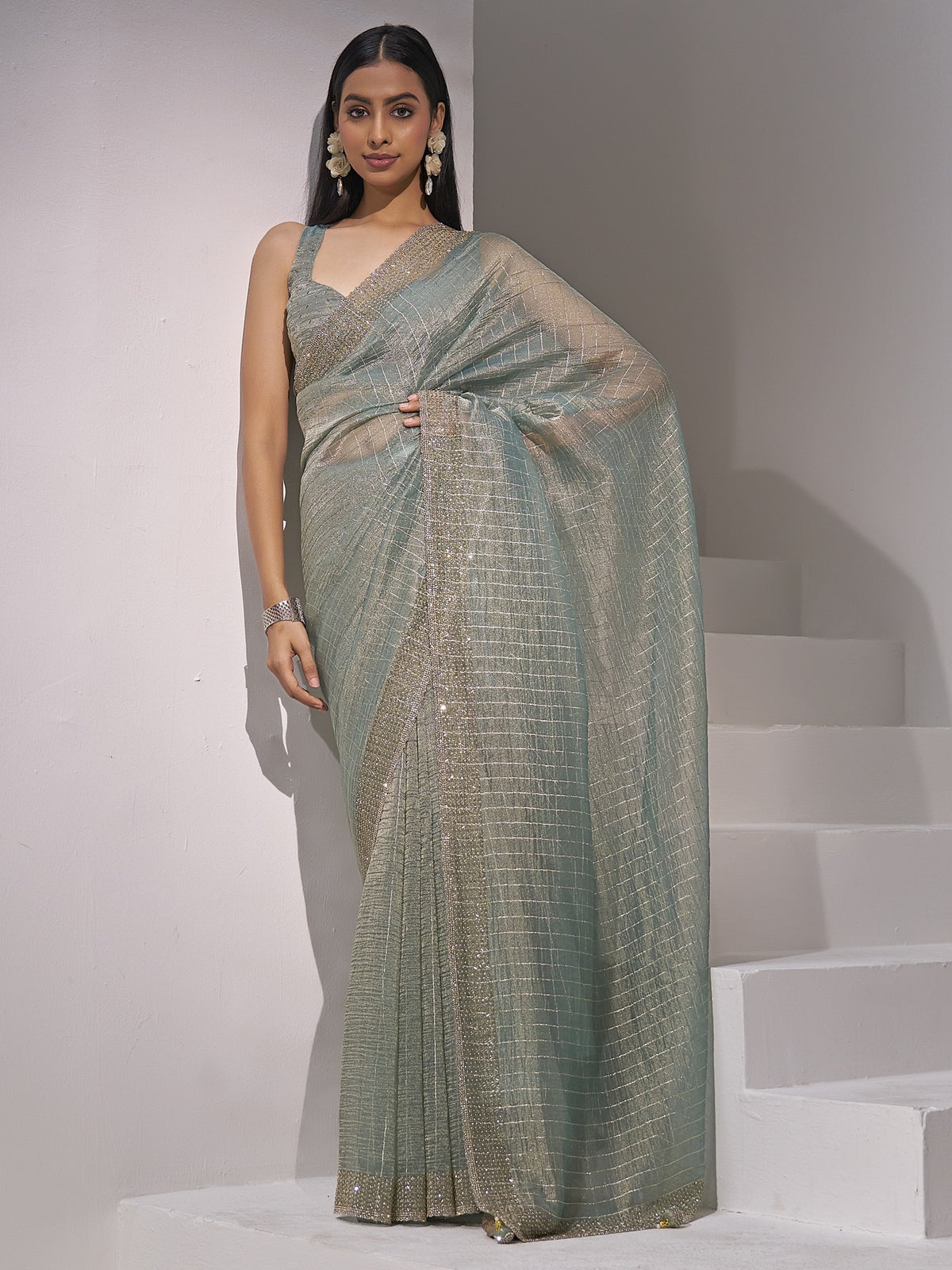 Light Blue organza saree view 3