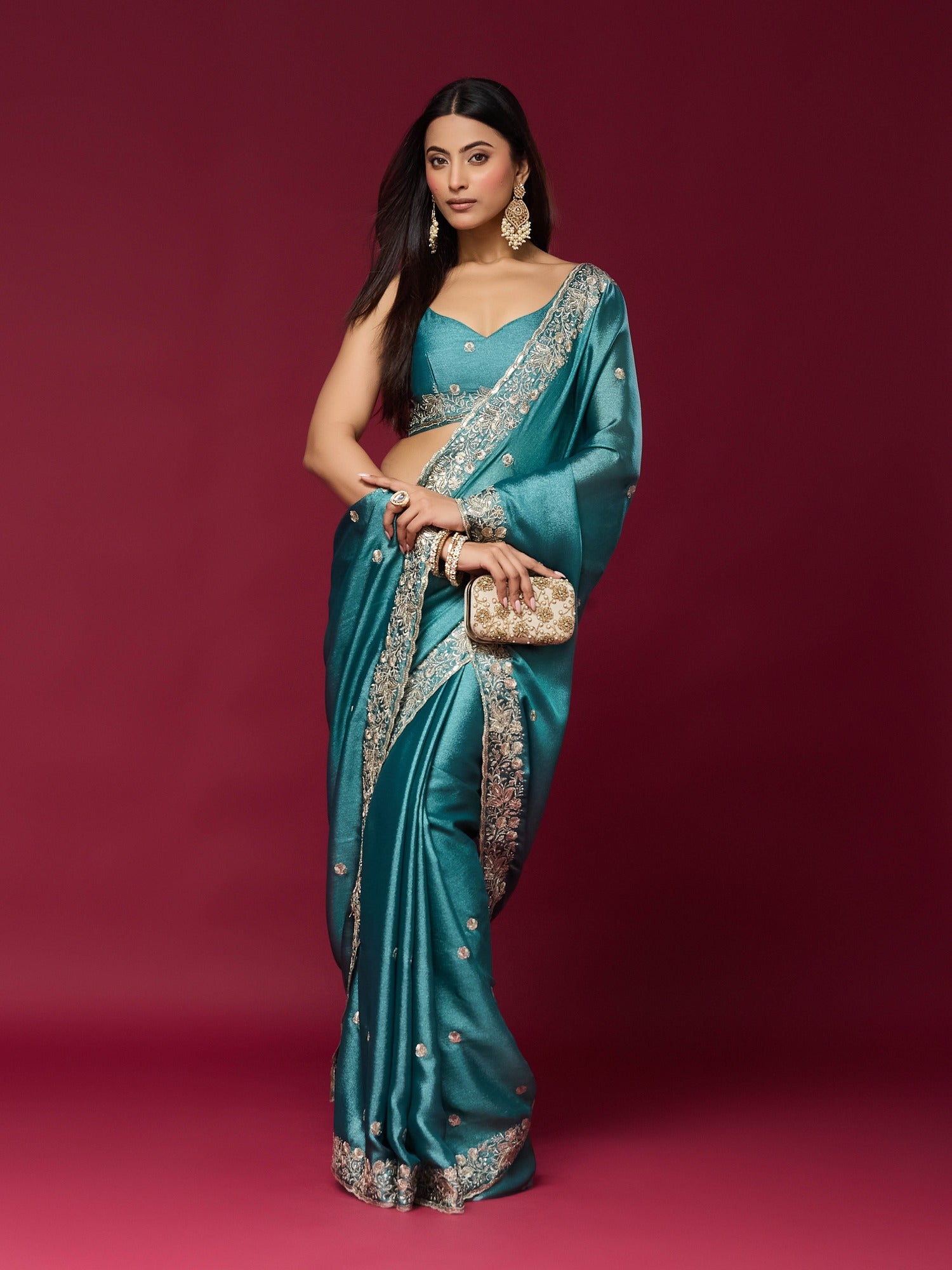 Teal Blue Chinnon saree – detail view 2