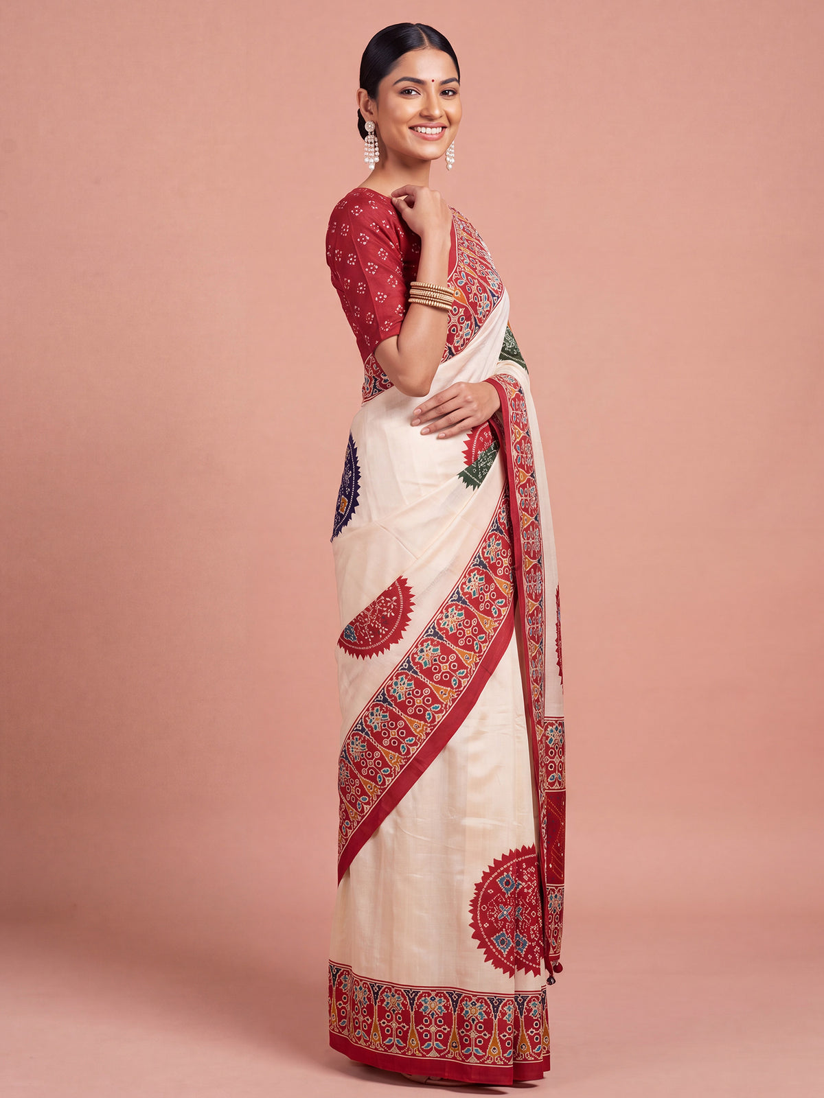 Red satin saree view 2