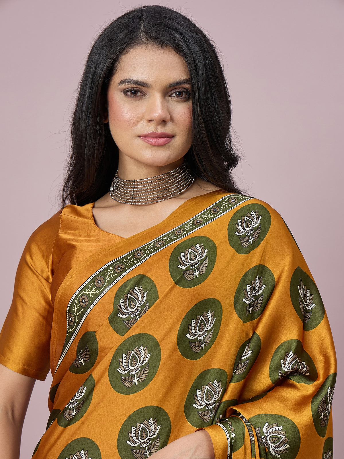 Mustard satin saree view 3