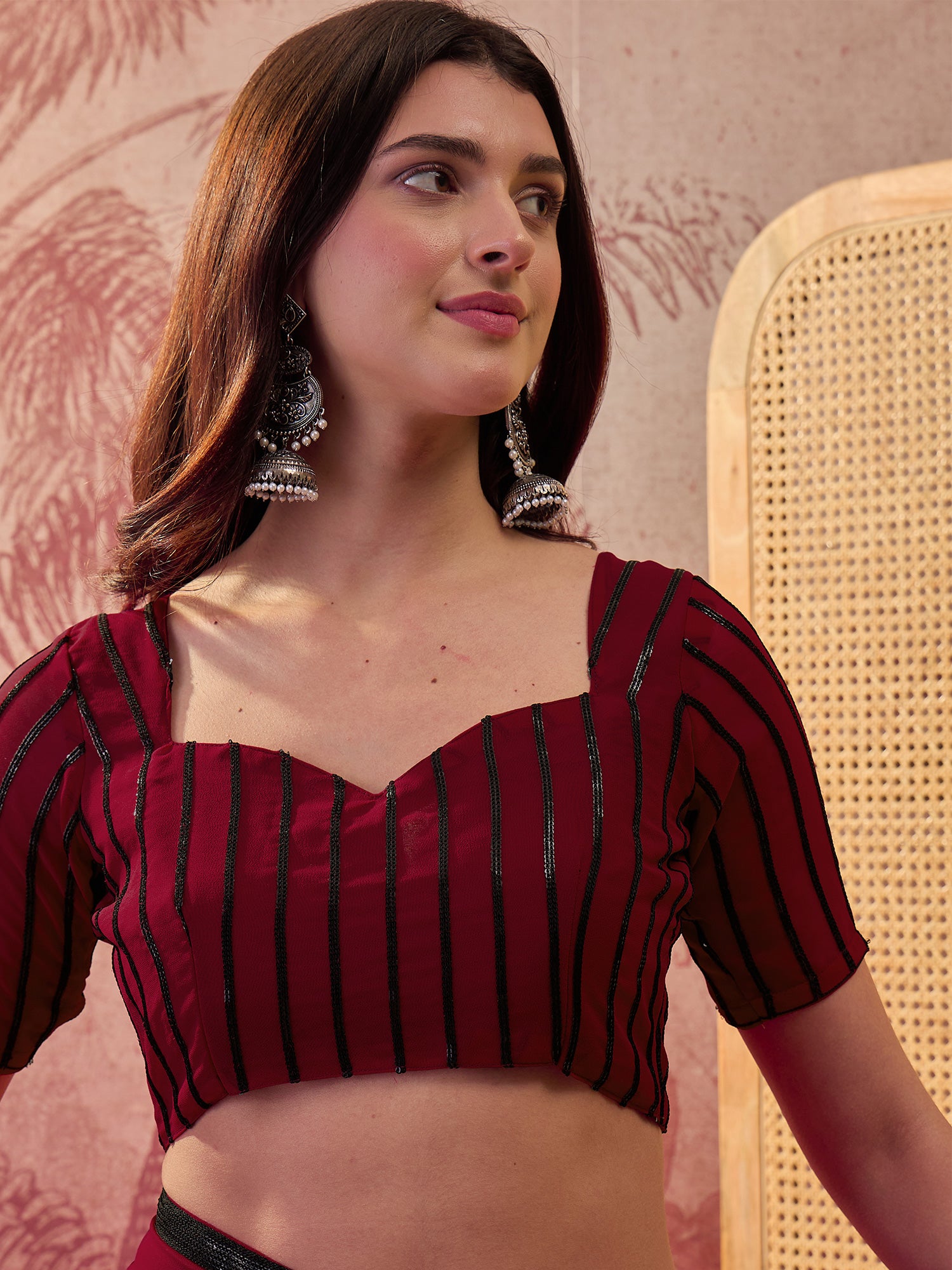 Unstitched maroon georgette blouse piece with embellished design