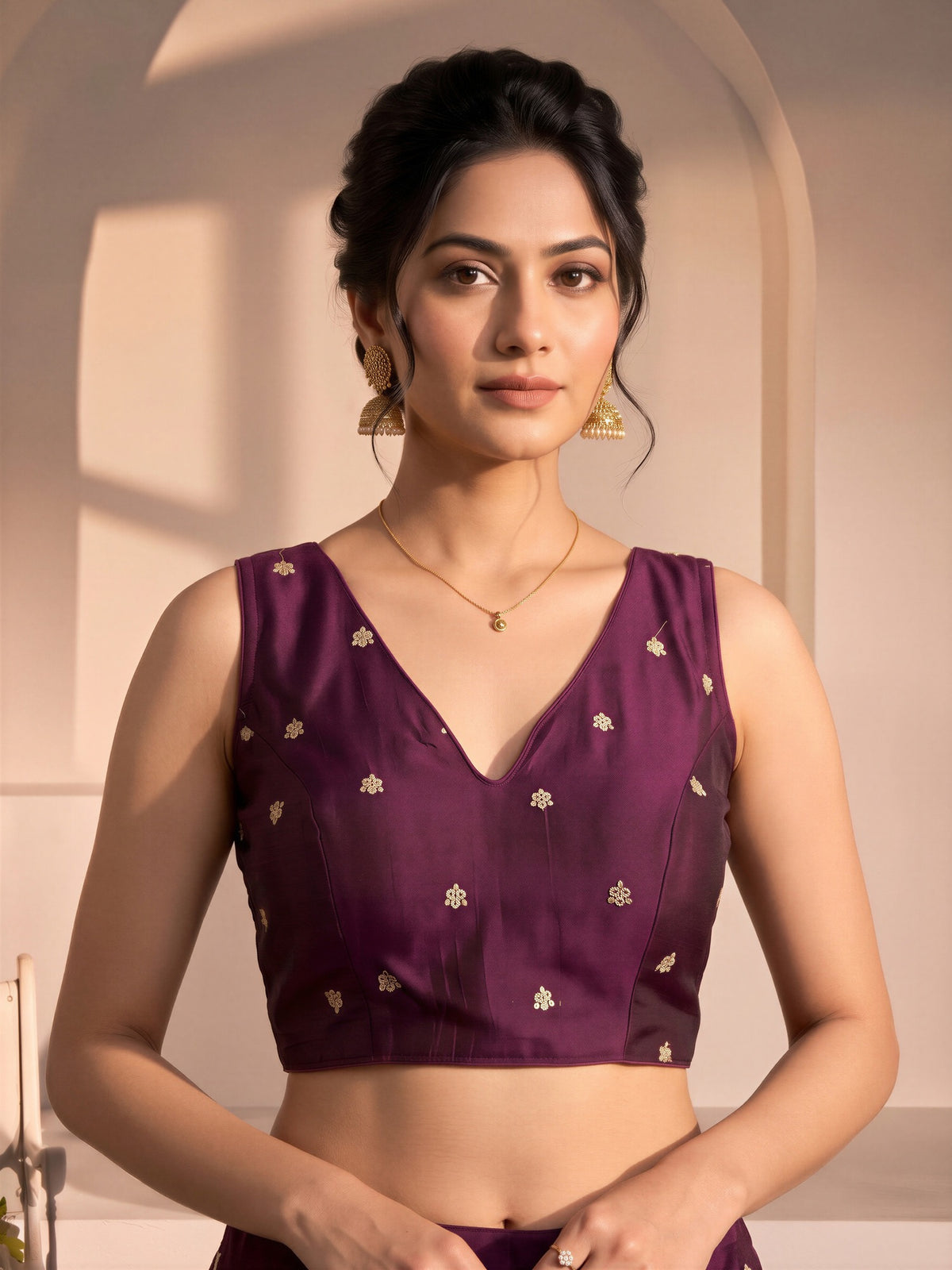 Wine sequin embellished vichitra silk sleeveless readymade saree blouse with v neck view 4