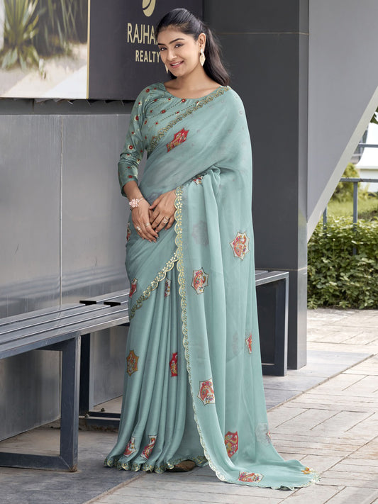 Aqua Blue foil chiffon saree with aqua blue blouse piece