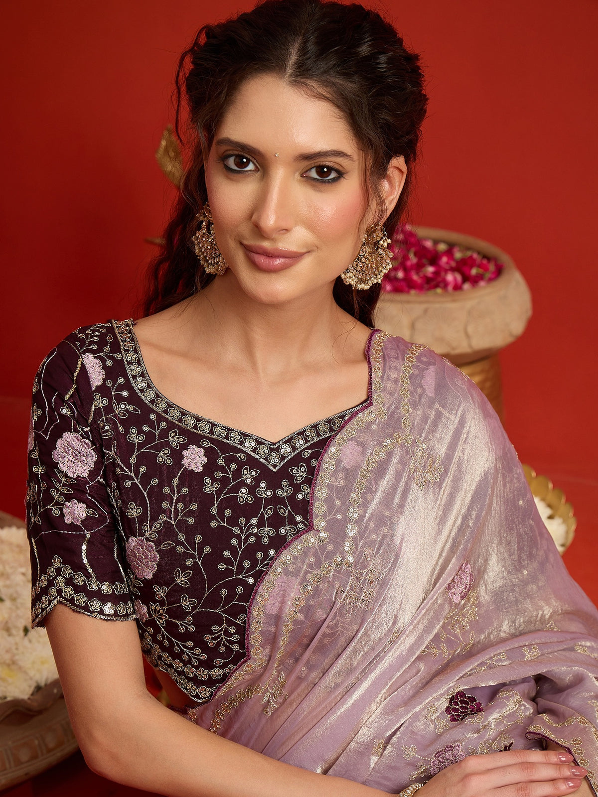 Lavender Satin Silk saree – detail view 3