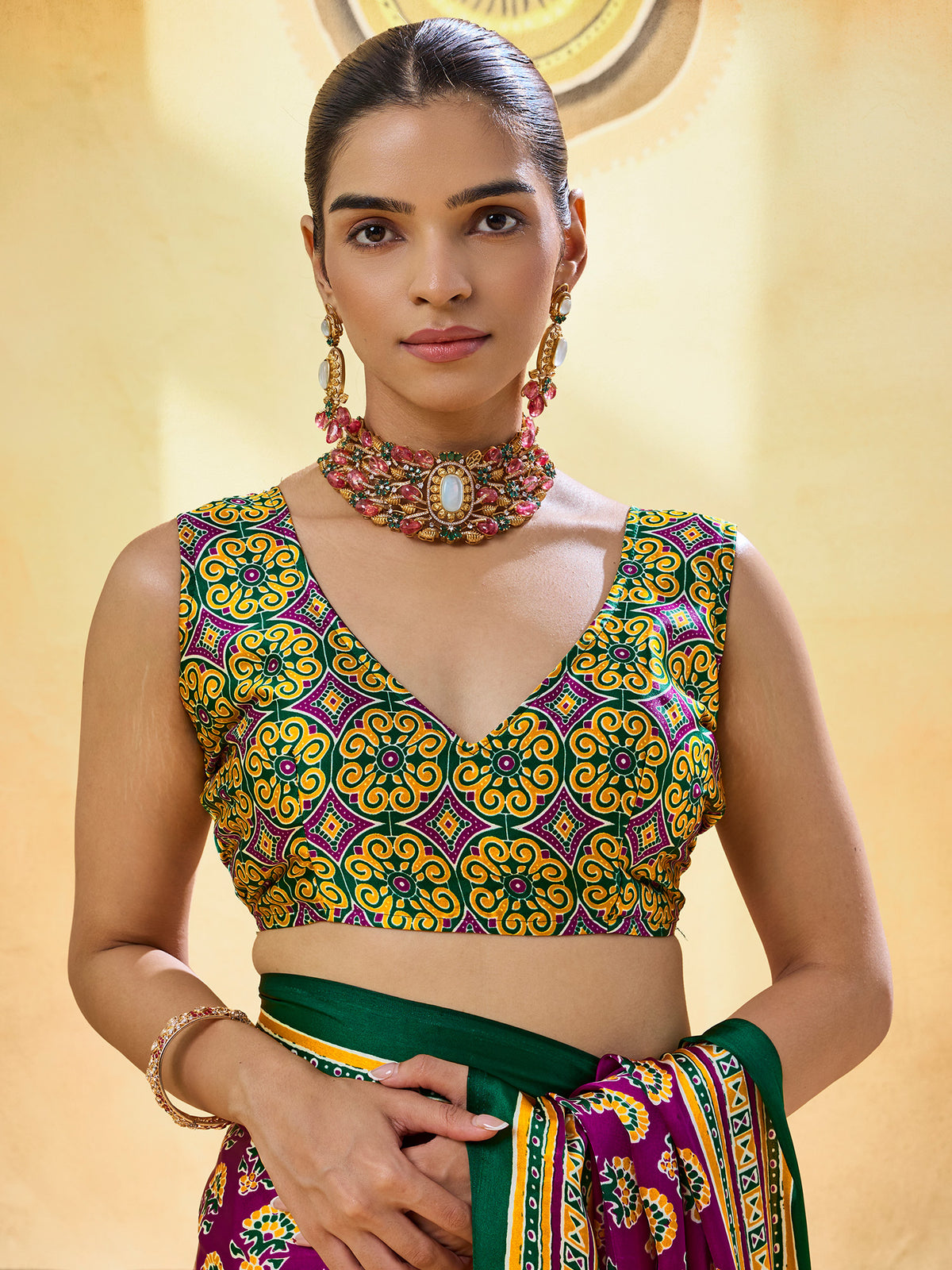 Unstitched mustard satin blouse piece with ajrak design