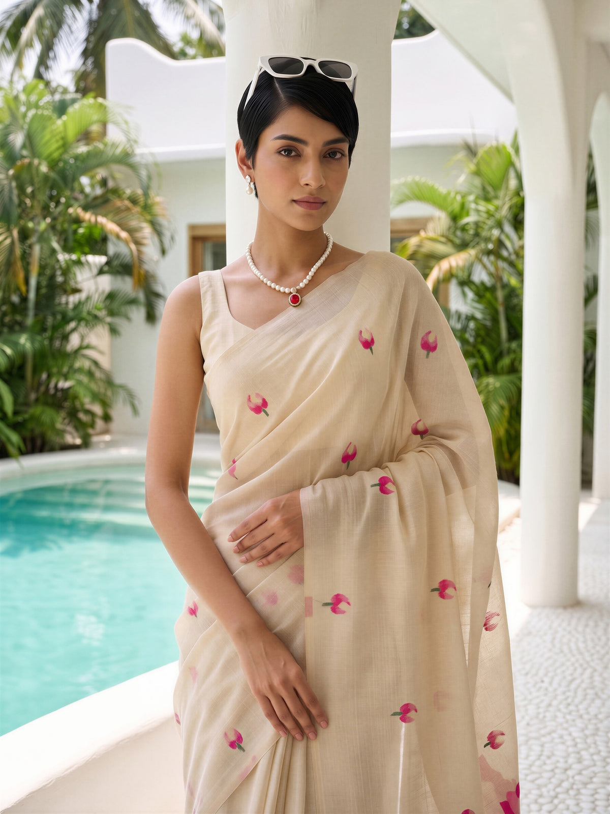 Cream Chanderi Cotton saree – detail view 3
