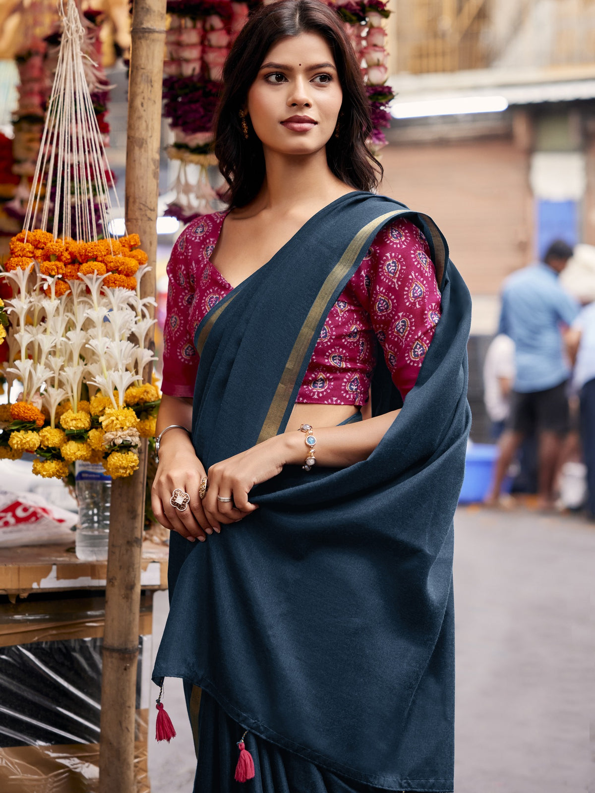 Teal Blue Cotton Blend saree – detail view 3