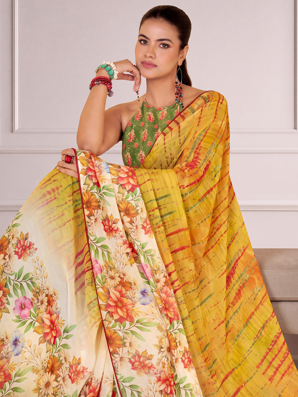 Mustard Georgette saree – detail view 2