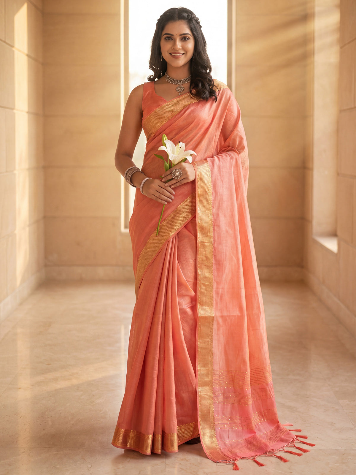 Woman wearing peach cotton silk saree with clean solid-tone finish and peach blouse