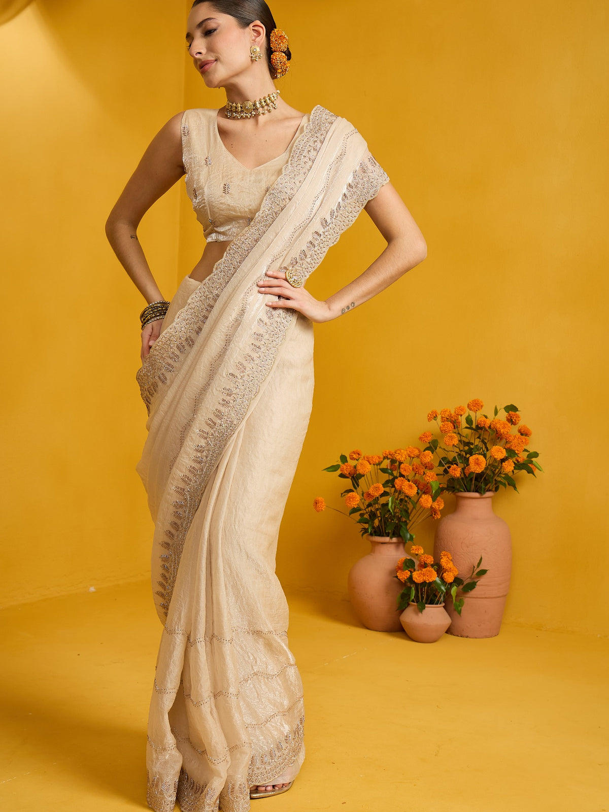 Cream Satin Silk saree – detail view 4