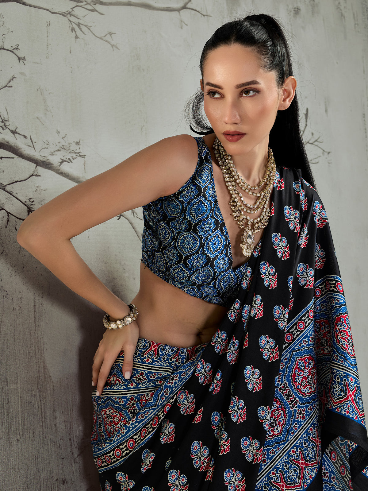 Black satin saree view 4