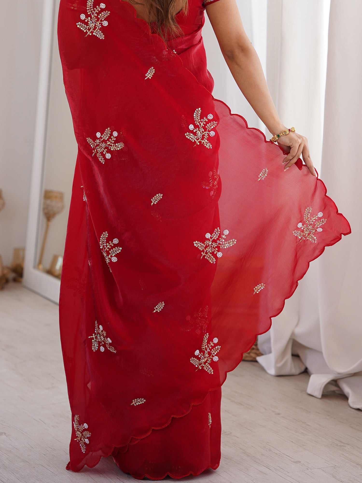 Red Satin saree – detail view 5