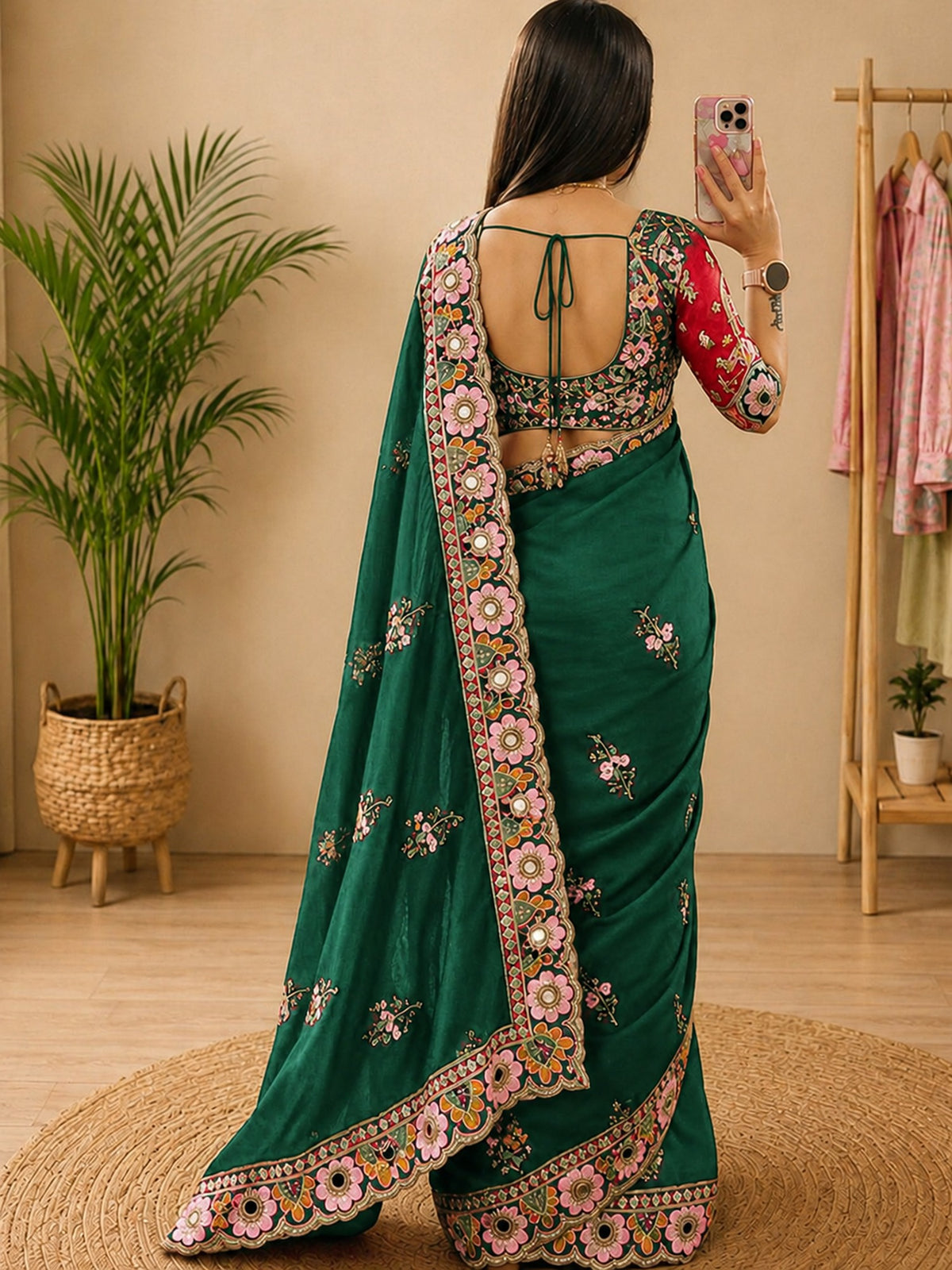Green Pure Georgette saree – detail view 2