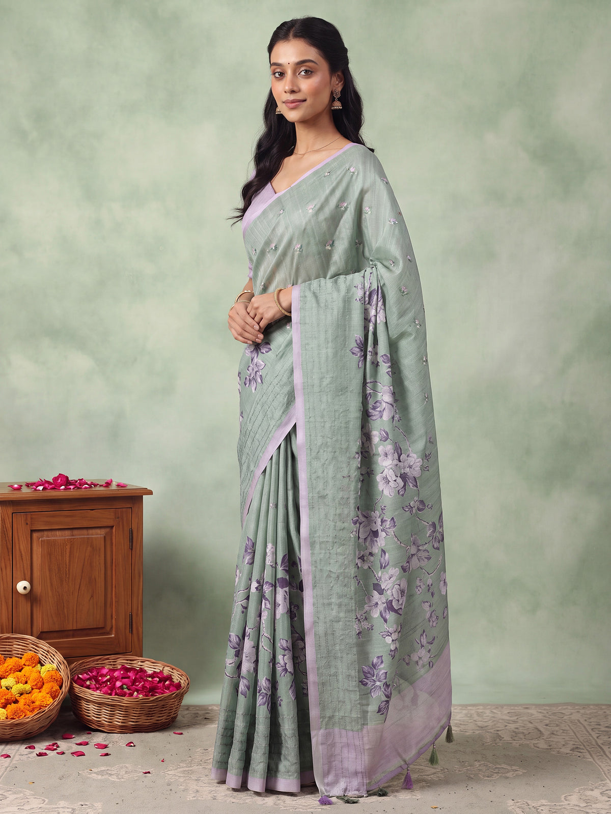 Teal Green Silk Blend saree – detail view 2