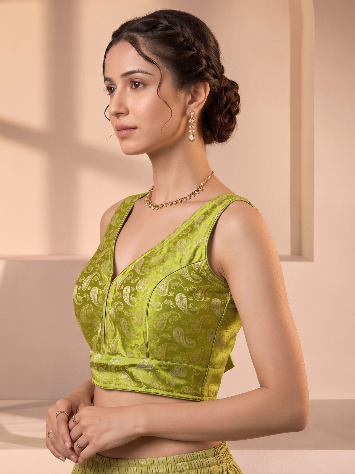 Lime Green woven brocade silk blend sleeveless readymade saree blouse with v neck view 2