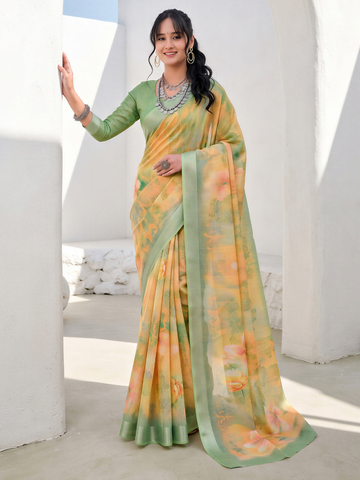 Yellow Cotton Linen saree – detail view 3