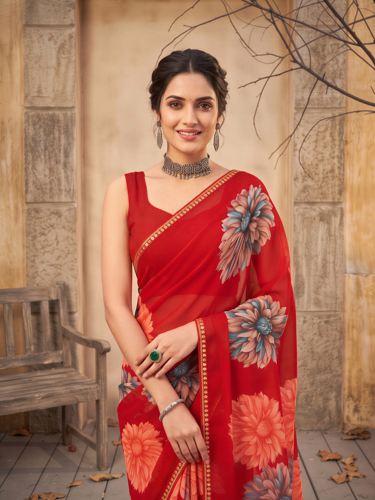 Red Georgette saree – detail view 4