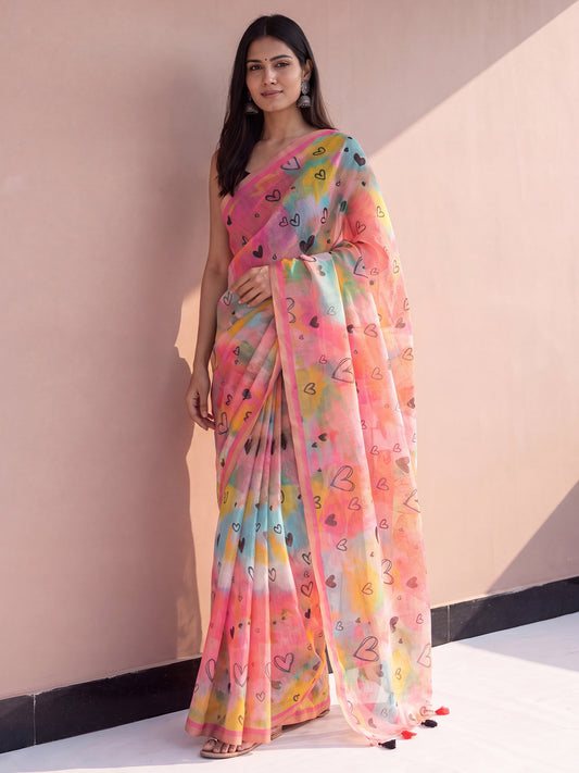 Woman wearing multicolored cotton linen saree with abstract contemporary design and black blouse
